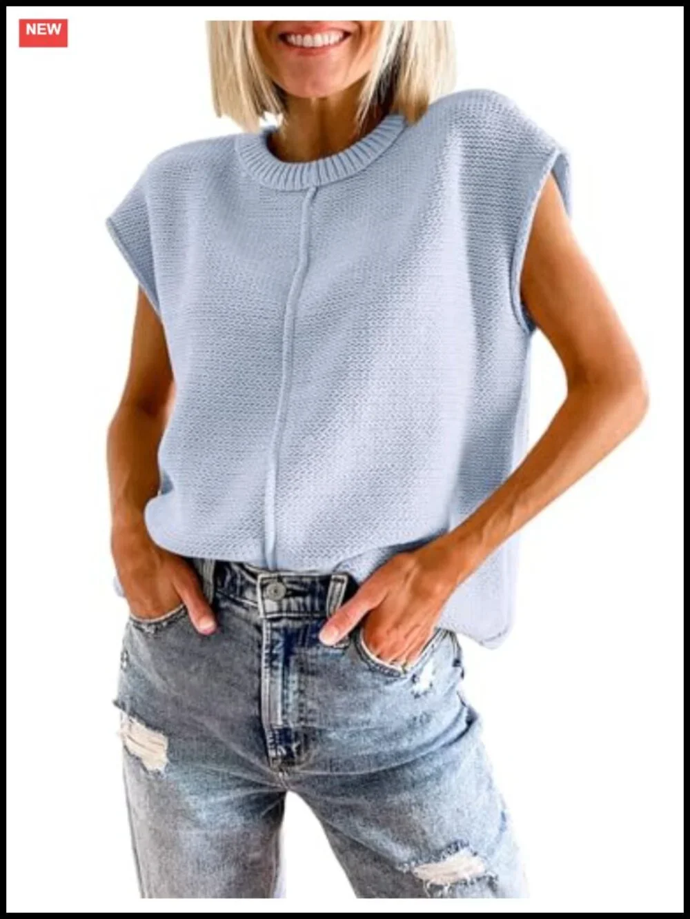 Women's Cap Sleeve Knit Sweater Vest Crew Neck Pullover Lightweight Casual Top